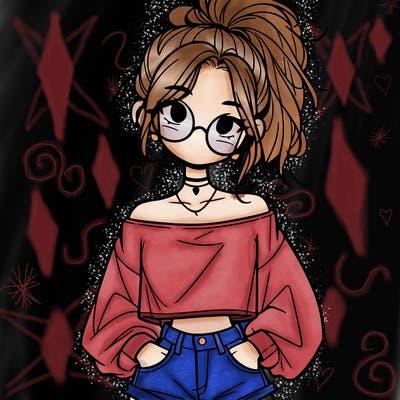 girl with a messy ponytail glasses a baggy crop top and jean shorts