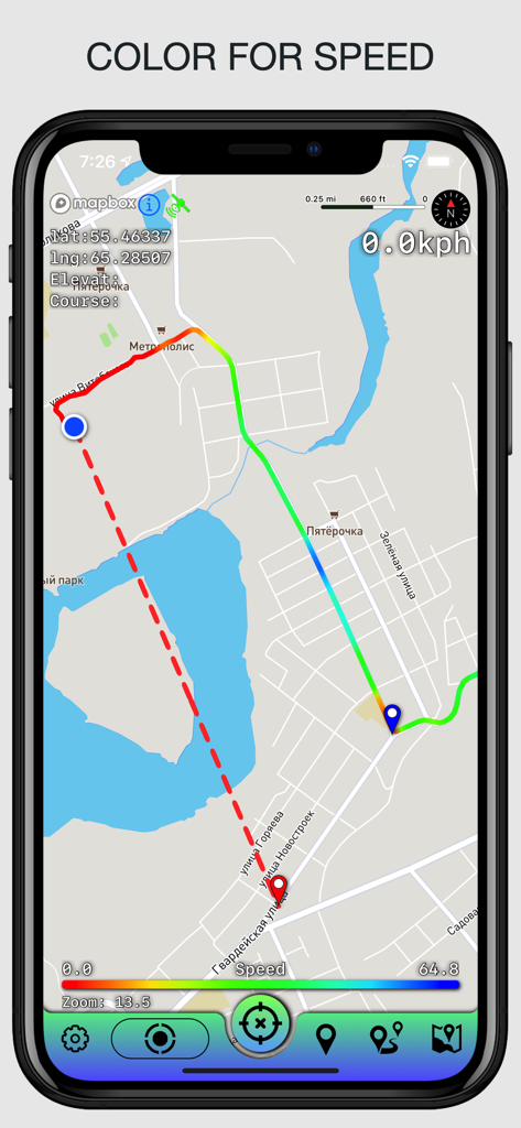 Offline Maps: GPS Tracker GPX - Eine mobile App-Oberfläche, die eine GPS-Route auf einer Karte mit einem farbcodierten Gradienten für verschiedene Geschwindigkeiten anzeigt.
