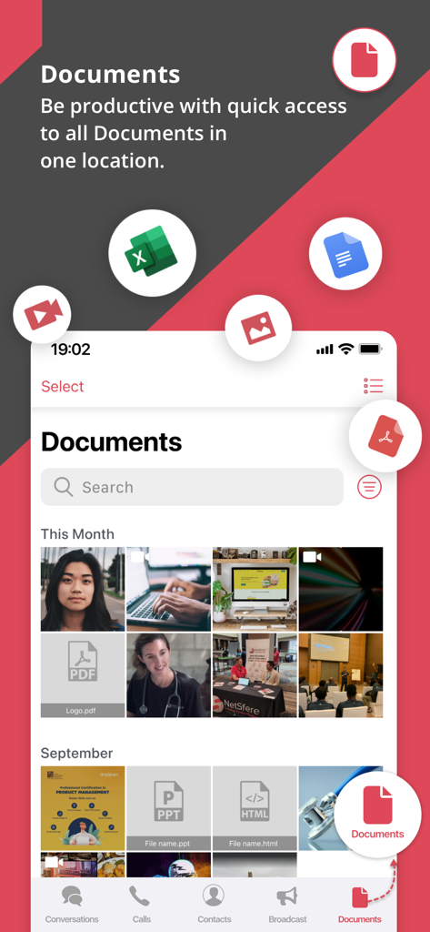 NetSfere Secure Messaging - NetSfere secure messaging app documents screen showing a grid of files including PDFs, images, and presentations for business use.