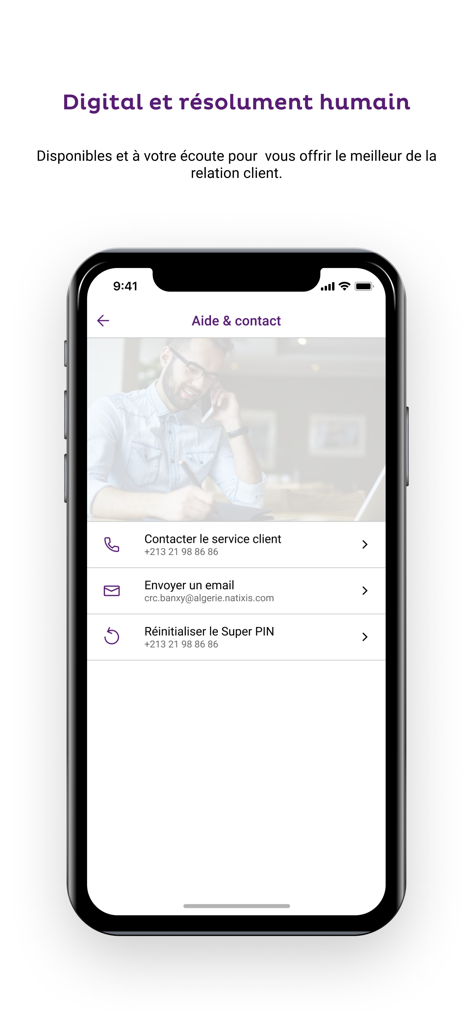 Banxy mobile banking app support screen showing customer service contact options by phone and email