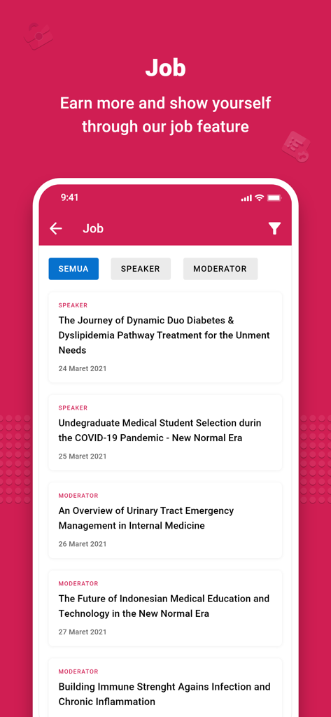 D2D (Doctor to Doctor) - Interface of the D2D app Job feature listing medical speaking and moderating opportunities for healthcare professionals