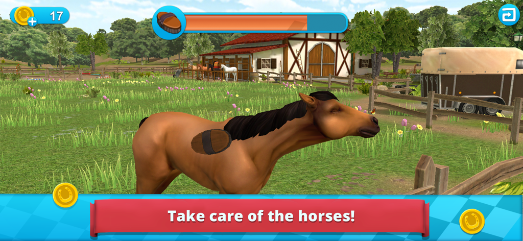 A player brushes a brown horse in a paddock outside a stable