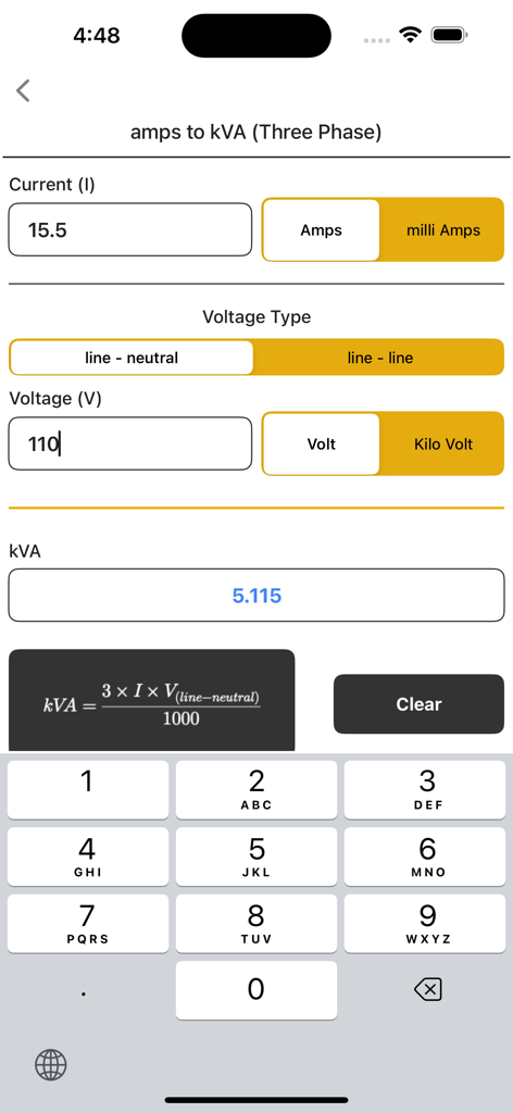 Electrical Calculator lite - Interfaz de la aplicación Calculadora Eléctrica Lite mostrando un cálculo de amperios a kVA trifásico.