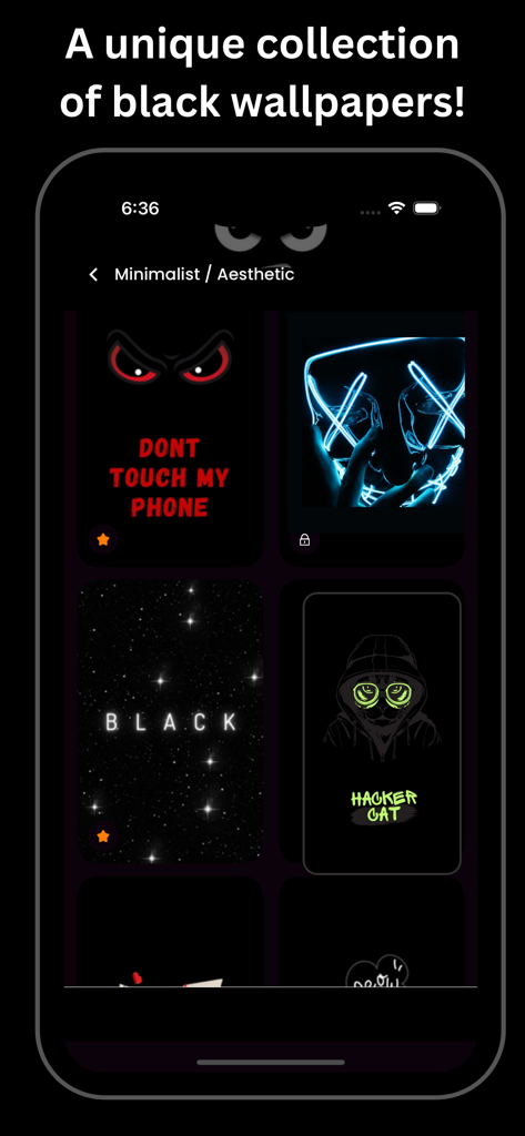 Black Wallpaper 4k - Interfaz de aplicación móvil que muestra una colección de fondos de pantalla negros minimalistas y estéticos, incluyendo diseños de gatos hackers y máscaras de neón.