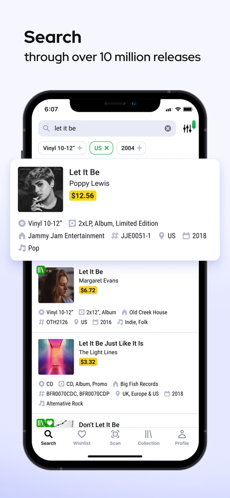 Record Scanner - Vinyl & CD - Search results for an album showing vinyl and CD releases with market prices in the Record Scanner app