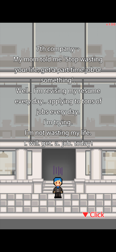 Escena pixel art que muestra a un personaje buscador de empleo frente a un edificio corporativo con texto narrativo sobre su búsqueda de empleo