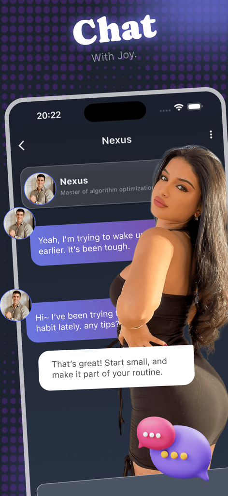 Haviq app chat interface showing a conversation with an AI coach named Nexus about building better habits.