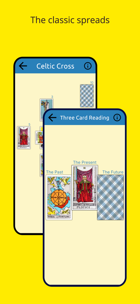 My Tarot Deck - Screenshot dell'app My Tarot Deck che mostrano le stese Croce Celtica e Lettura a Tre Carte con carte Rider-Waite.