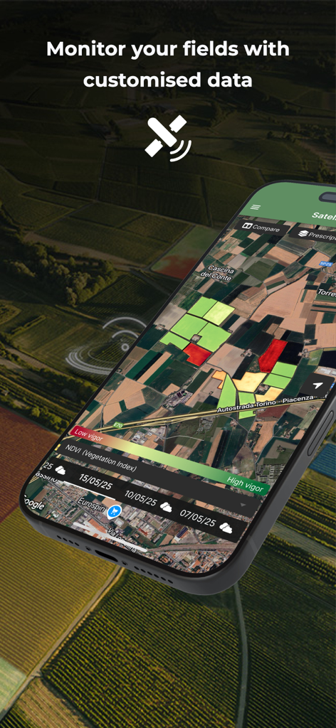 Schermata dello smartphone che mostra l'app xFarm con dati satellitari dei campi e mappe di indice di vegetazione