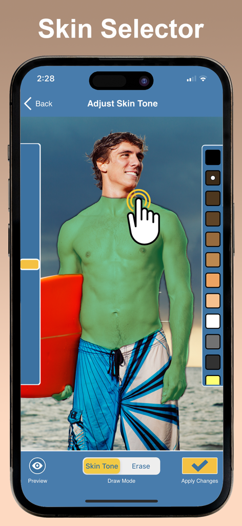 Skin Tone Booth - Face & Body - Screenshot of Skin Tone Booth app showing the manual skin selection tool on a shirtless man at the beach