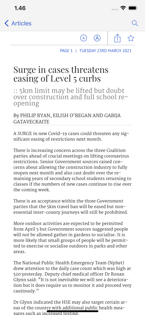 Irish Independent ePapers - Reading mode of a news article in the Irish Independent ePapers app showing clean text and editorial layout.