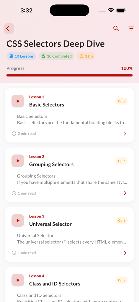 Interfaccia che mostra un elenco di lezioni sui selettori CSS e i progressi completati nell'app di codifica web.