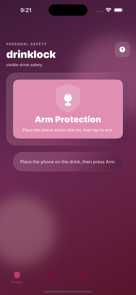 DrinkLock - DrinkLock app main screen showing the arm protection button for drink safety.