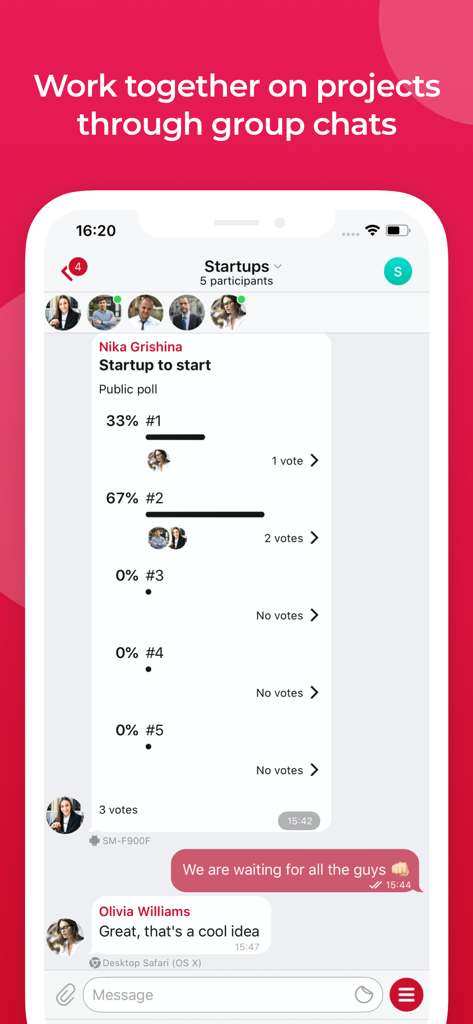 Interface of the Reddy business app showing a group chat with a public poll for team project collaboration.
