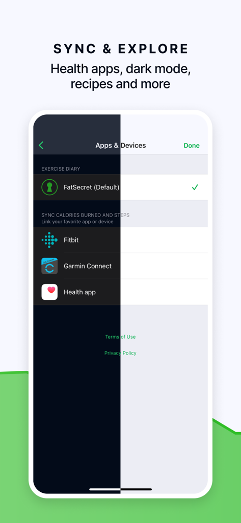 FatSecret app interface showing sync options for Fitbit and Apple Health in both light and dark modes