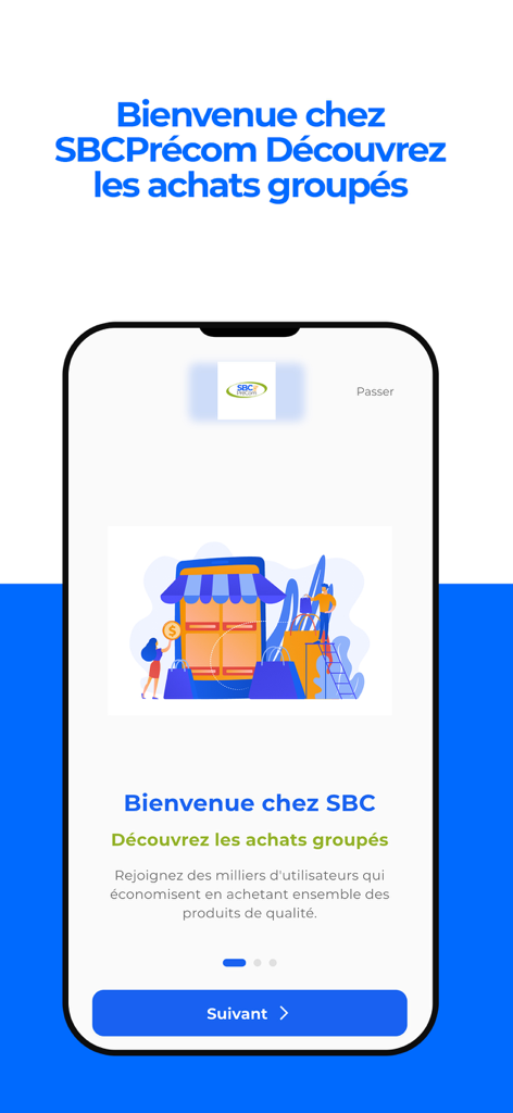 Onboarding screen for the SBC Precom group buying app featuring a community shopping illustration and introductory text