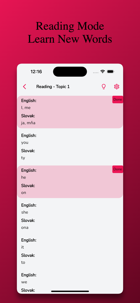 Slovak Learning - Beginners - Interfaz de la aplicación de aprendizaje de idiomas eslovacos que muestra el modo de lectura con traducciones de inglés a eslovaco para pronombres.