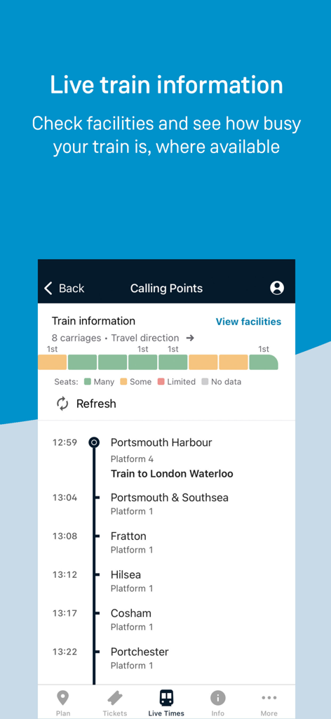 South Western Railway - Aplicação SWR exibindo horários de comboio em tempo real e disponibilidade de lugares nas carruagens