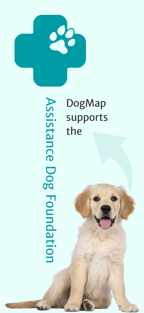 DogMap supports the Assistance Dog Foundation featuring a golden retriever puppy and a medical paw icon