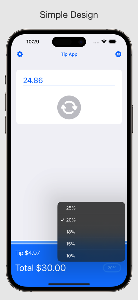 Une interface mobile simple montrant un calcul de pourboire de 20 % pour une addition totale de 30 dollars sur un iPhone