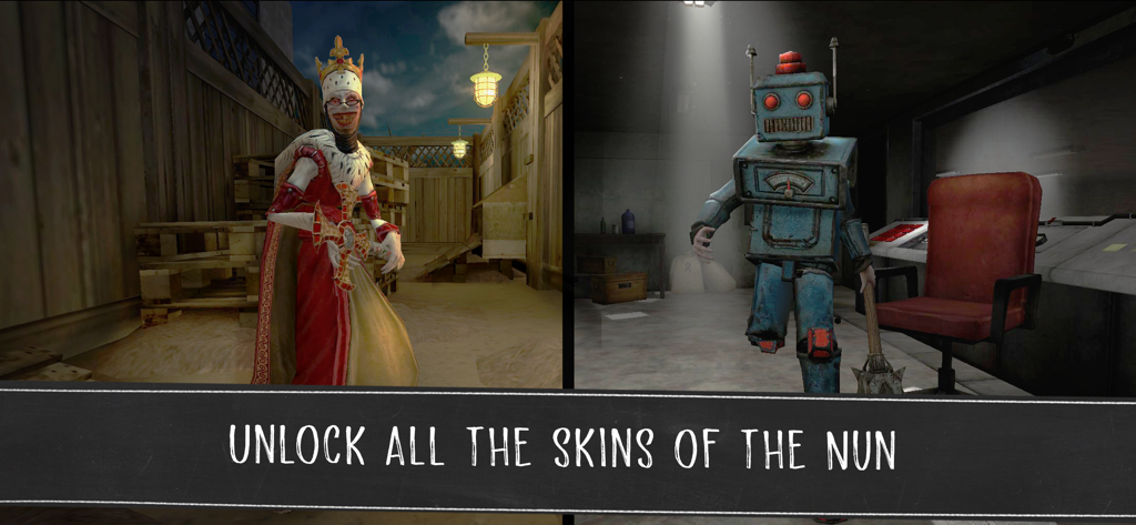 Split screen showing two different custom skins for the Evil Nun character including a royal outfit and a robot suit