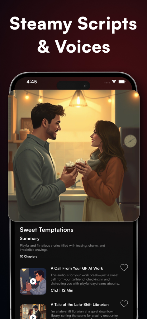 Erotic Audio Stories - Eroze - Interfaz de la aplicación Eroze que muestra guiones picantes y categorías de historias de audio románticas.