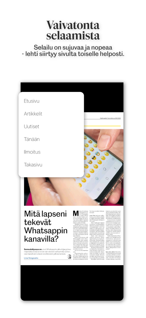Pielisjokiseutu, päivän lehti - Digital newspaper view in the Pielisjokiseutu app featuring a news article and a vertical navigation menu