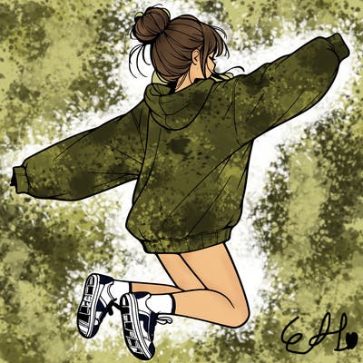 realistic girl jumping with a bun and oversized sweatshirt