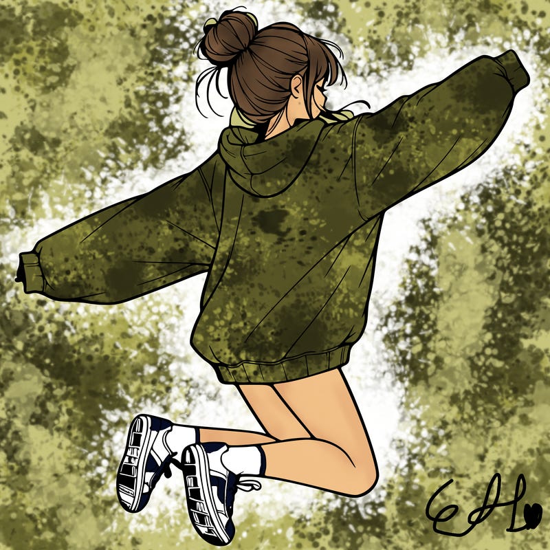 realistic girl jumping with a bun and oversized sweatshirt