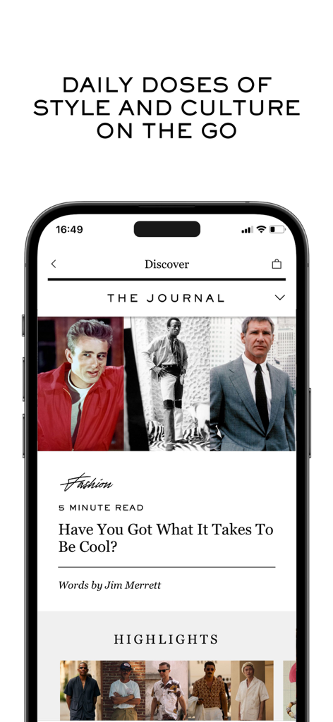 La section éditoriale The Journal de l'application MR PORTER présentant du contenu de style et de culture pour hommes.