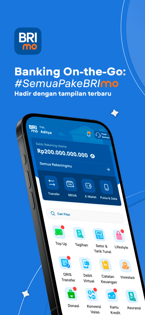 A smartphone displaying the BRImo mobile banking app dashboard with Indonesian Rupiah balance and financial service icons.