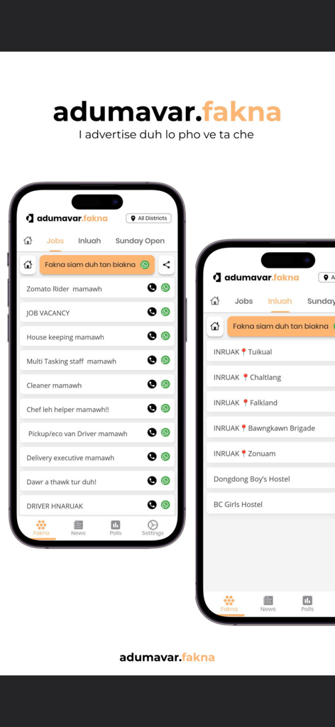 aDumAVar - Interface of aDumAVar app displaying Mizo language classifieds for jobs and housing rentals