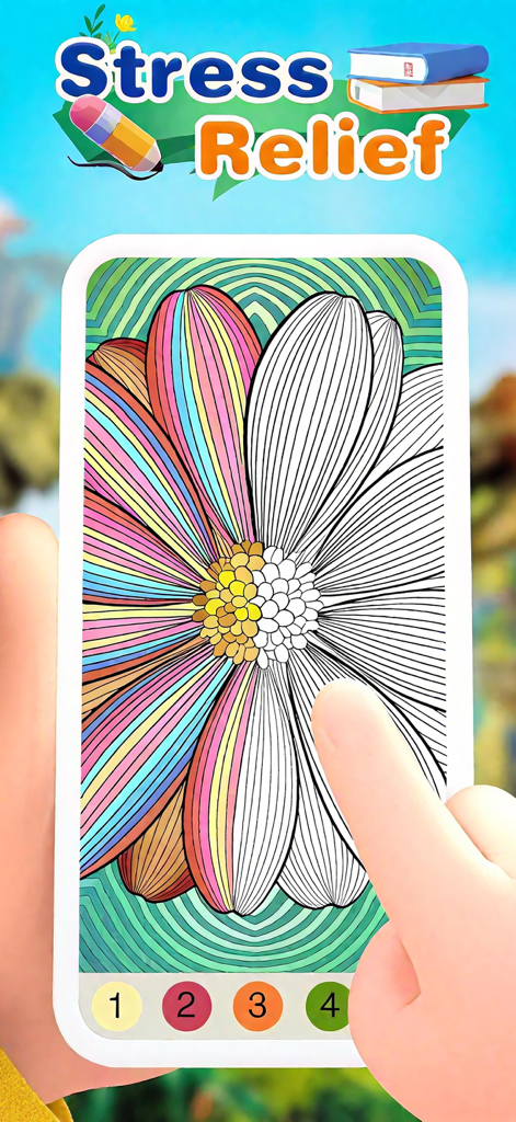 Una mano coloreando un gran diseño de flor en un teléfono móvil usando la app Color Flow para aliviar el estrés.