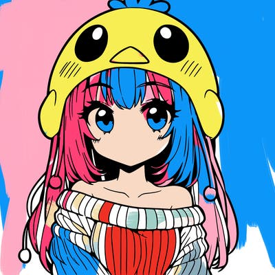 anime girl with chick shaped hat with sweater with bare shoulders with bangs covering them one eye with low tail