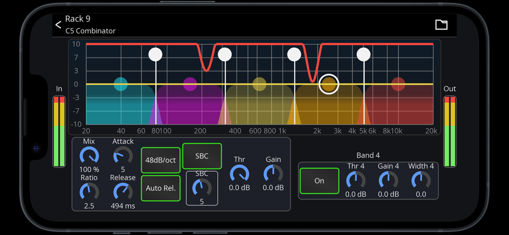 Professional audio multiband compressor interface in the Mixing Station mobile app showing frequency bands and compression settings.