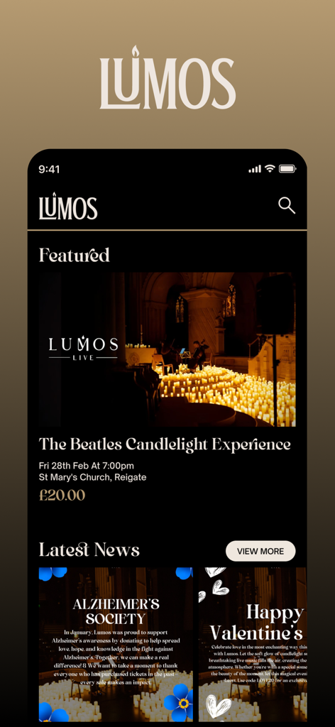 Lumos - Lumos mobile app home screen featuring a Beatles candlelight concert event and latest news section.