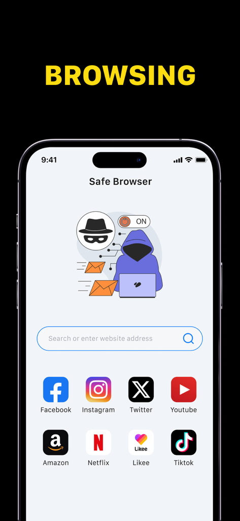 Argon VPN - Super Easy Connect - Argon VPN Safe Browser screen showing integrated icons for social media and streaming apps like TikTok and Netflix