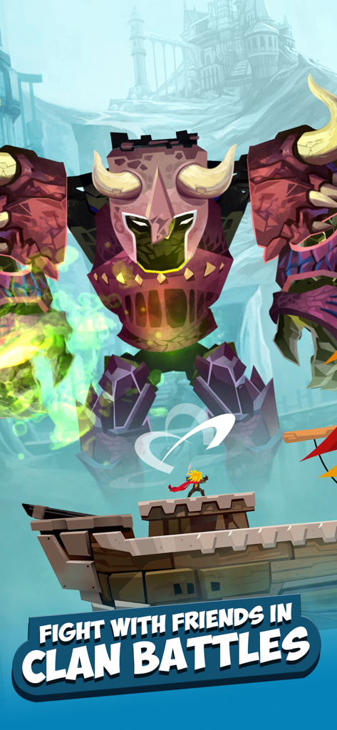Tap Titans 2 - Hero Legends - A hero character on a ship facing a massive armored titan boss during a clan battle raid.