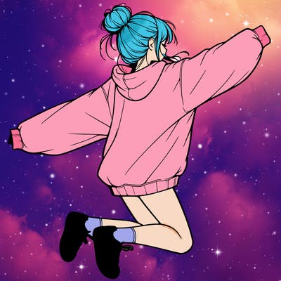 realistic girl jumping with a bun and oversized sweatshirt