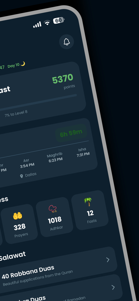 Uma interface moderna de aplicativo móvel para o Desafio do Ramadã mostrando acompanhamento de progresso espiritual, incluindo pontos, horários de oração para Dallas e estatísticas de hábitos para orações e jejuns.
