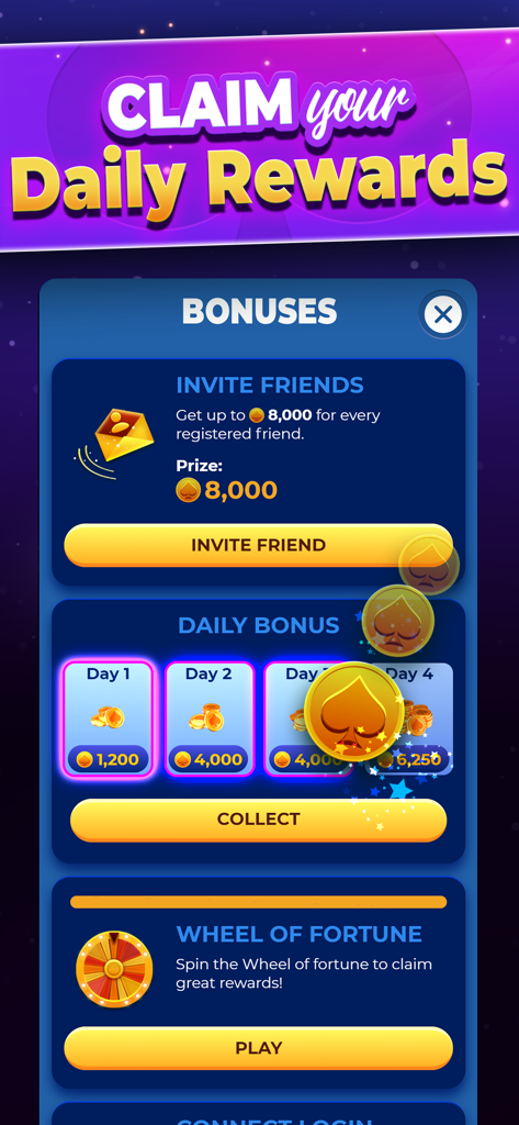 VIP Spades mobile app screen showing daily rewards and bonus options for players