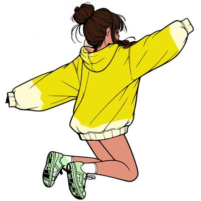 realistic girl jumping with a bun and oversized sweatshirt