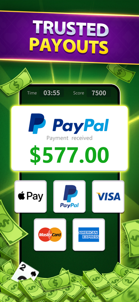 Solitaire Lucky Win Cash - Pantalla de pagos confiables para Solitaire Lucky Win Cash mostrando un recibo de PayPal de 577 dólares y métodos de pago