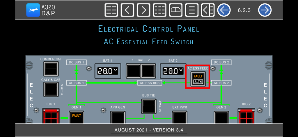 A320 Displays and Panels - A320 aircraft electrical control panel interface showing the AC essential feed switch and electrical power distribution schematic