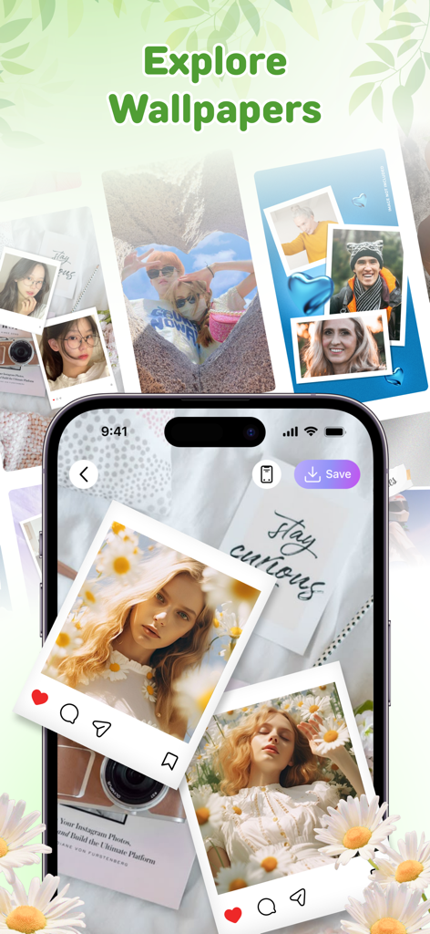 Color Widget - Theme & Icon - Aesthetic wallpaper gallery and floral theme preview on a smartphone screen