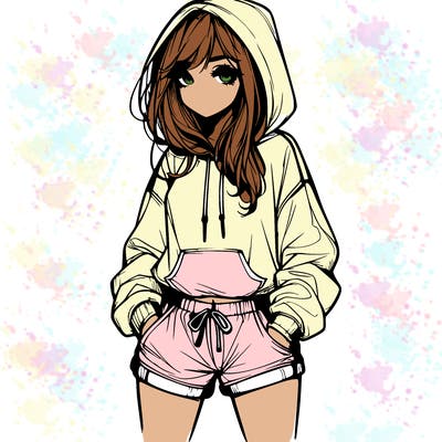 realistic girl in shorts and hoodie