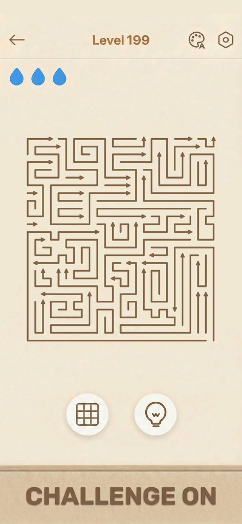 Arrows GO 모바일 게임, 레벨 199의 복잡한 화살 논리 퍼즐 표시