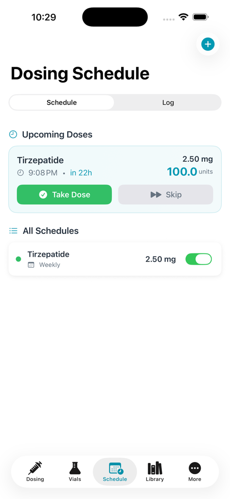 PeptideCalc Pro app screen showing a dosing schedule and upcoming dose for Tirzepatide