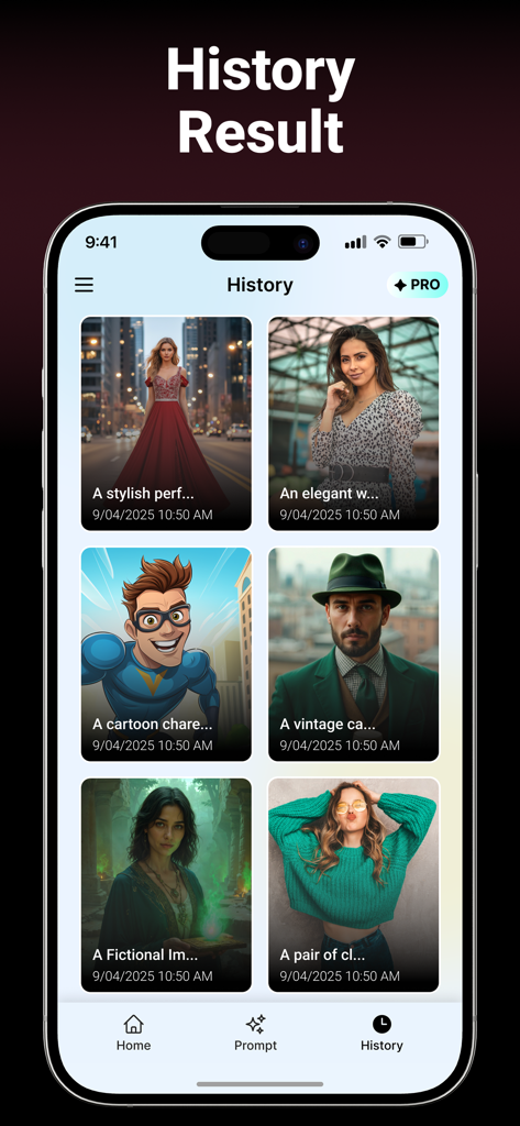 PaintIt AI: AI Image Generator - Pantalla de historial de la aplicación PaintIt AI mostrando una galería de imágenes generadas en diferentes estilos