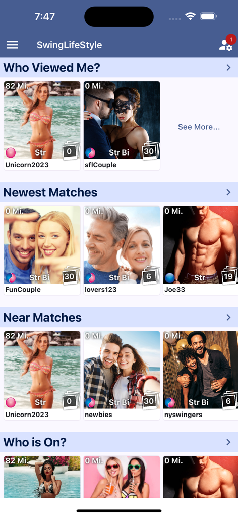 SLS Official Swinger Community - SLS Official Swinger Community app browsing screen with user profiles and categories